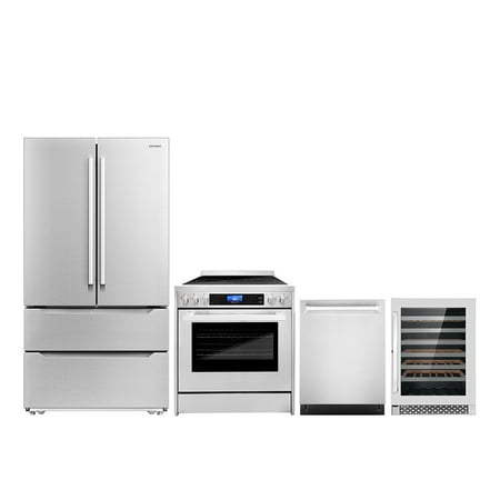Cosmo 4 Piece Kitchen Appliance Package with 30  Freestanding Electric Range 24  Built-in Dishwasher French Door Refrigerator & 48 Bottle Freestanding Wine Refrigerator Kitchen Appliance Bundles
