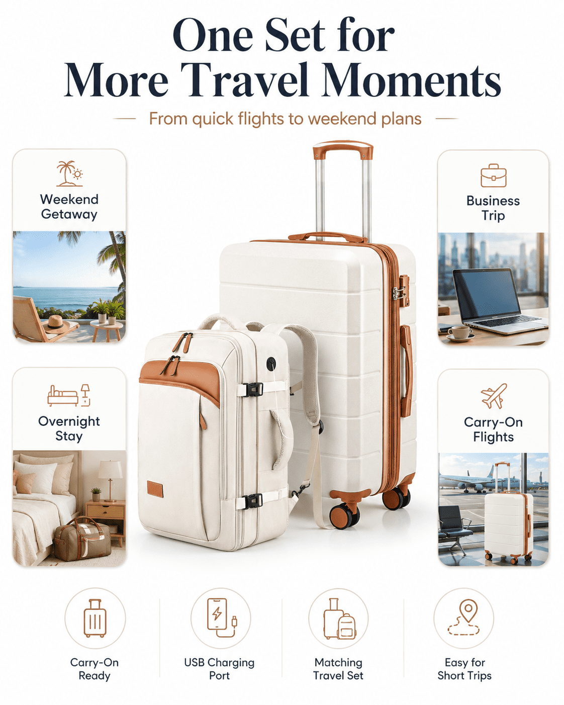 2 Piece Set Carry-on 20inch Hardside Luggage with Travel Backpack,White - EX-Lite