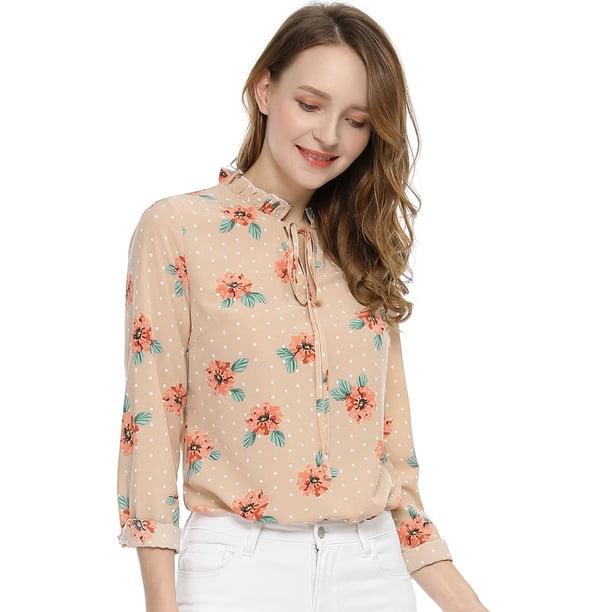 Allegra K Blusa Floral De Manga Larga Con Lunares Y Escote Con Volantes Para Mujer Albaricoque L