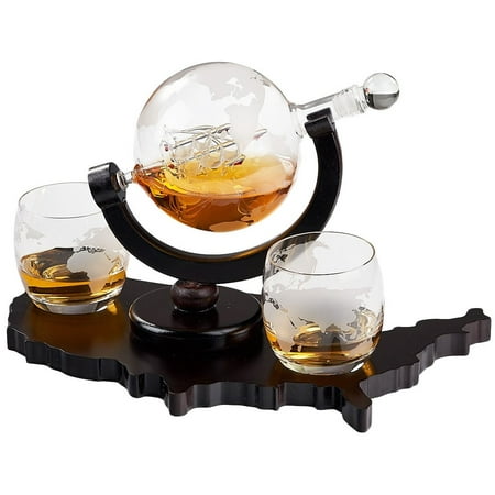 Elegant Whiskey Decanter Set - Etched Globe Design with 2 Glasses on USA Map Tray - Impressive Bar (Best Whiskey To Put In A Decanter)