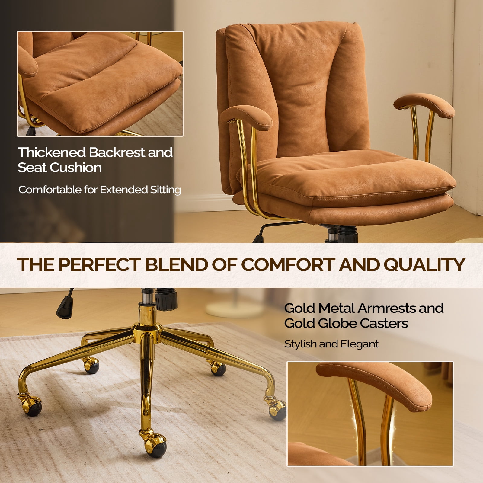 Ktaxon Office Chair High Back Study Chair Faux Leather Adjustable Swivel Vanity Chair with Padded Armrests for Conference and Home Brown
