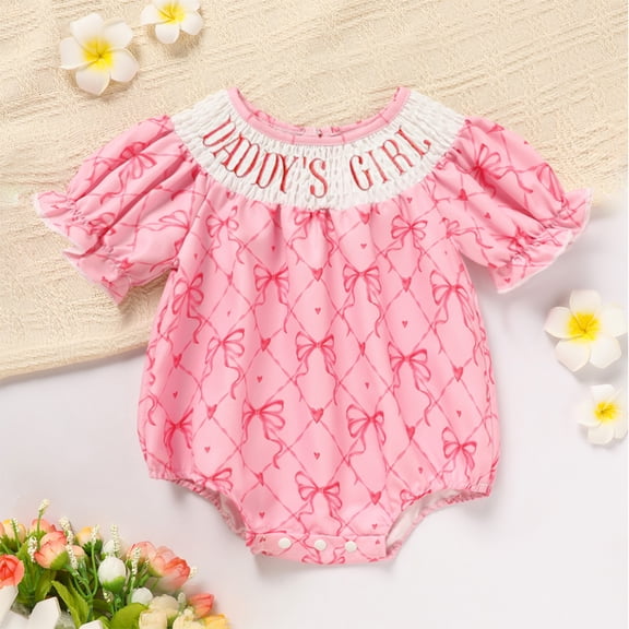 ZEHJUHAN Baby Girl's Bowknot Graphic Print Romper Daddy's Girl Letter Bubble Sleeves Triangle Jumpsuit Pink,0-3M