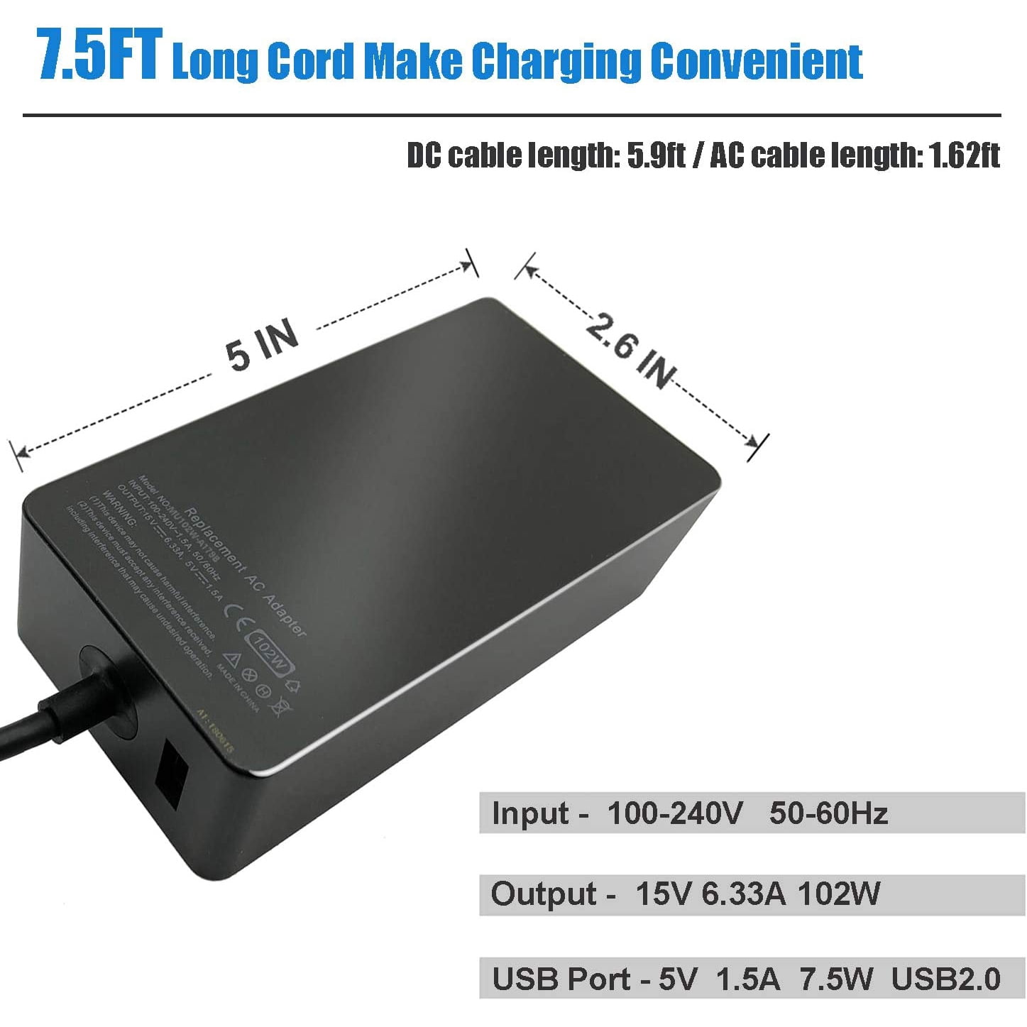 102W Laptop Charger AC Adapter For Surface Book 2 Book 3 Surface Pro X Pro 7 Pro 6 Pro 5 Pro 4 Pro 3 Surface Laptop 1/ 2/ 3/ 4 Surface Go 1/ 2 Notebook Power Supply 15V 6.33A