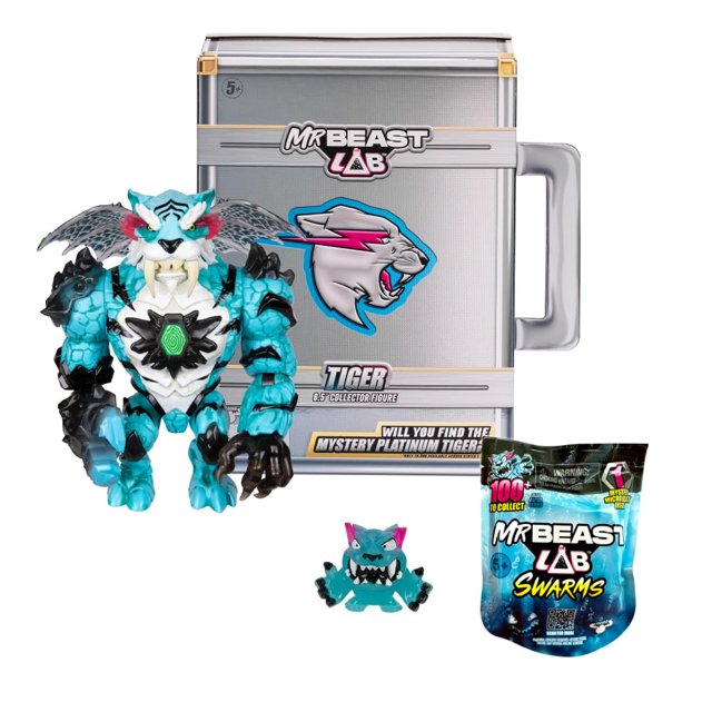 figura de coleccionista increditoyz mr. beast lab tiger de 6.5 pulgadas con juguete — vista frontal centrada de la figura Tiger de 6.5" en turquesa, blanco y negro con texturas escamadas, placas negras en hombros y garras, mandíbula móvil y 13 puntos de articulación; incluye maletín plateado con logo MrBeast Lab, micro-juguete Swarm azul verdoso y paquete MrBeast Lab Swarms; suele usarse también como pieza de exhibición para colecciones temáticas.