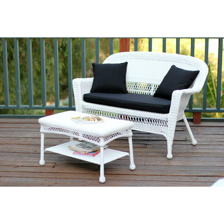 2-Piece Aurora White Resin Wicker Patio Loveseat and Coffee Table Furniture Set - Black Cushion