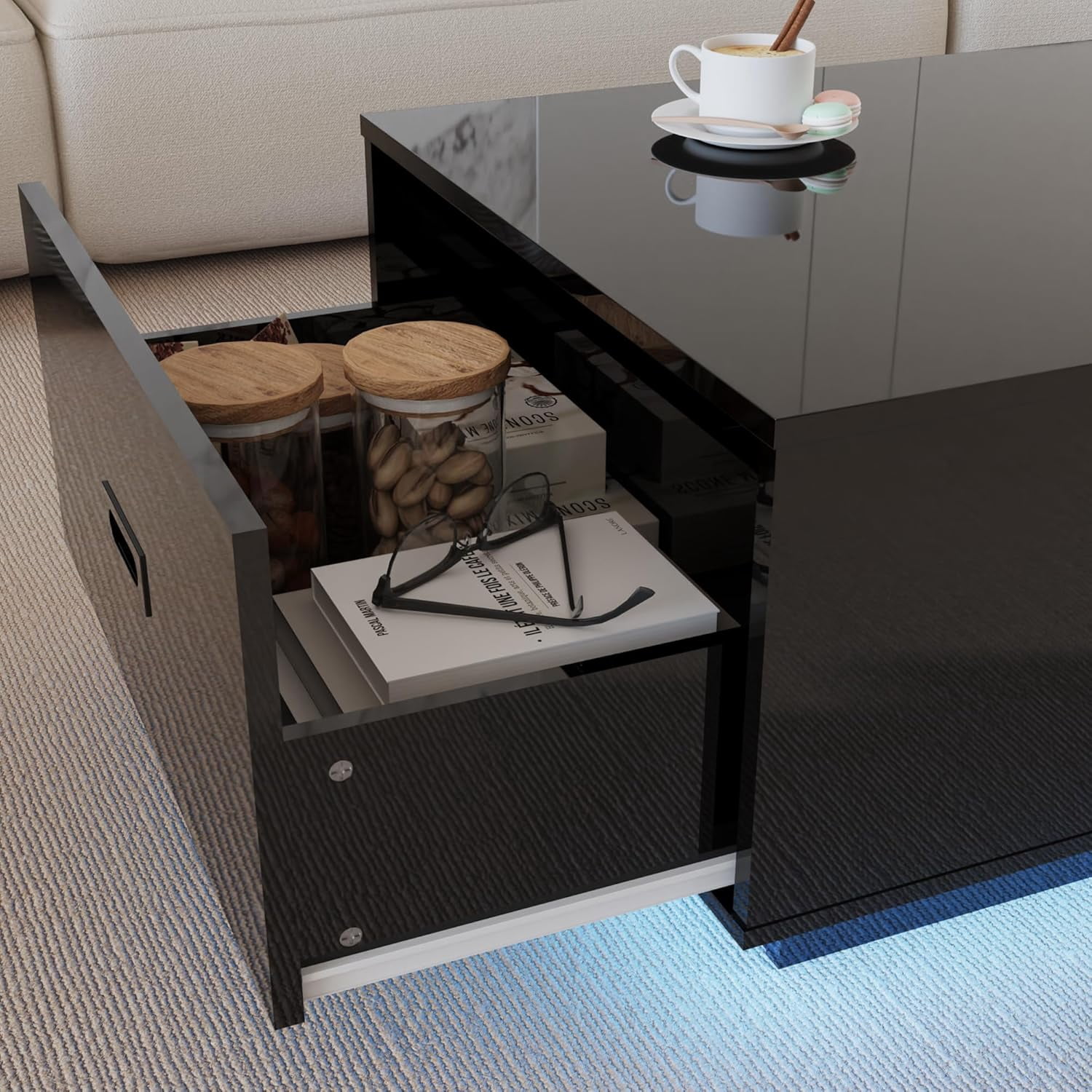 DIYART Black High Glossy Coffee Table, led Coffee Table with 2 Drawers, Modern Coffee Table for Living Room, Coffee Table with LED