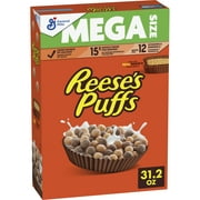 REESE's PUFFS Chocolate Peanut Butter Cereal, Kid Breakfast Cereal, Mega Size, 31.2 oz