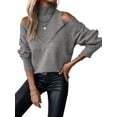 thumbnail image 2 of Women Cold Shoulder Sweater Turtelneck Cut Out Pullover Sweater Casual Long Sleeve High Neck 2 in 1 Tops Gray L, 2 of 10