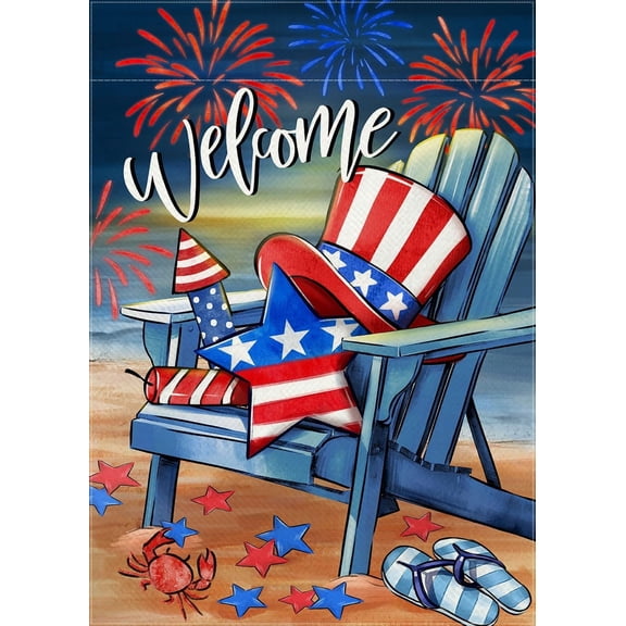 Welcome 4th of July Beach Chair Decorative Garden Flag, Patriotic America Coastal Stars Hat Yard Outside Decorations, American USA Fireworks Burlap Outdoor Small Home Decor Double Sided 12 x 18