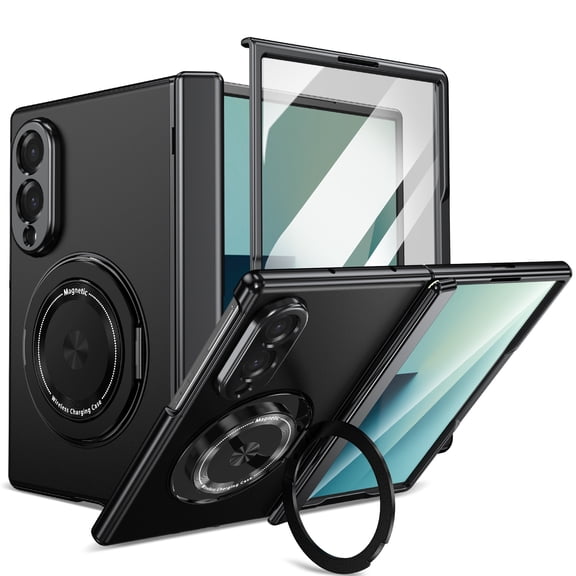 Dteck For Samsung Galaxy Z Fold 8 Case with Built-in Screen Protector, Hinge Protection Shockproof Phone Cover with Magnetic Rotating Ring Stand,Black