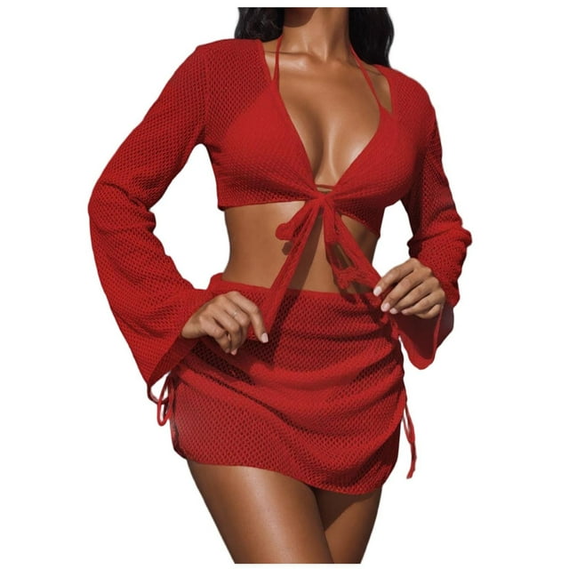 FRSASU Maillot de Bain 4 Pcs pour Femme, Bikini Triangle en Résille à Tour de Cou avec Cordons, Ensemble avec Haut de Couverture et Jupe, Ensemble de Maillot de Bain Deux Pièces, Rouge G(L)