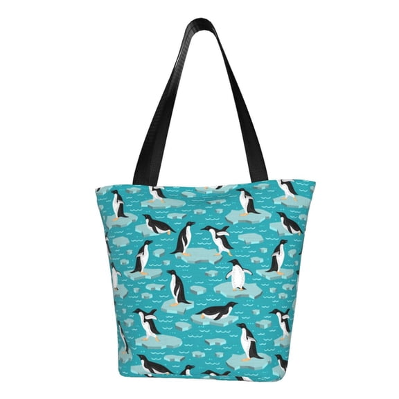 Kuqiui Penguins On The Ice In The Sea Print Canvas Tote Bag for Women Cute Clothing Book Aesthetic Casual Reusable Tote Shoulder Bags