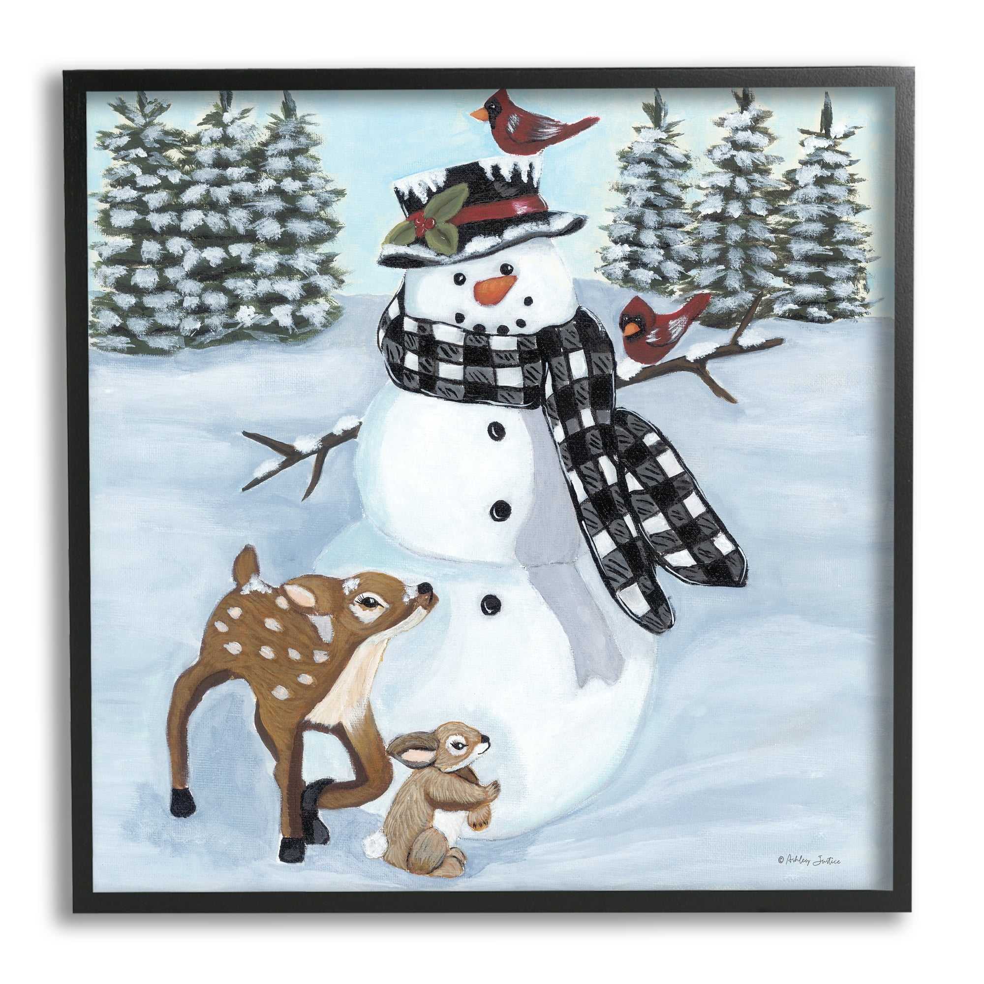 Niveous Snowman Trees Scenery Winter Animals Frolicking Animals & Insects Painting Framed Art Print Wall Art