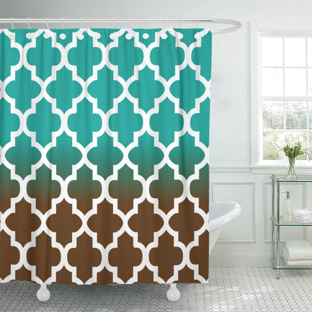 SUTTOM Teal Geometric Turquoise and Brown Quatrefoil Pattern Trellis Moroccan Shower Curtain