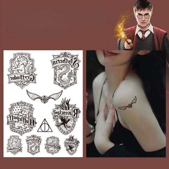 2025 Pegatina de tatuaje en blanco y negro de Harry Potter, pegatina personalizada de dibujos animados, pegatina de transferencia de agua de Halloween, estilo Ins colorido y duradero