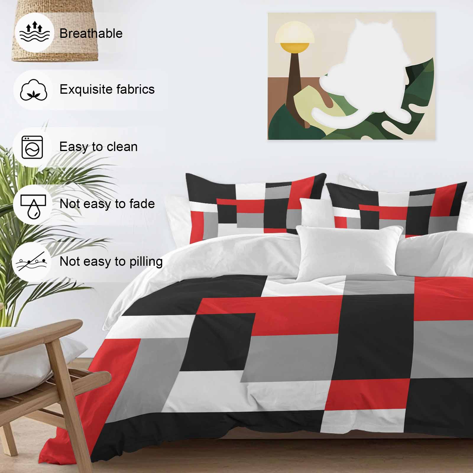 Red Black Grey Geometric Duvet Cover Set, Modern Abstract Art Luxury Soft Duvet Cover Queen Size Bedding Set 4 Pieces, 1 Quiltcover and 2 Pillowcases with Zipper, 1 Bed Sheet for All Seasons