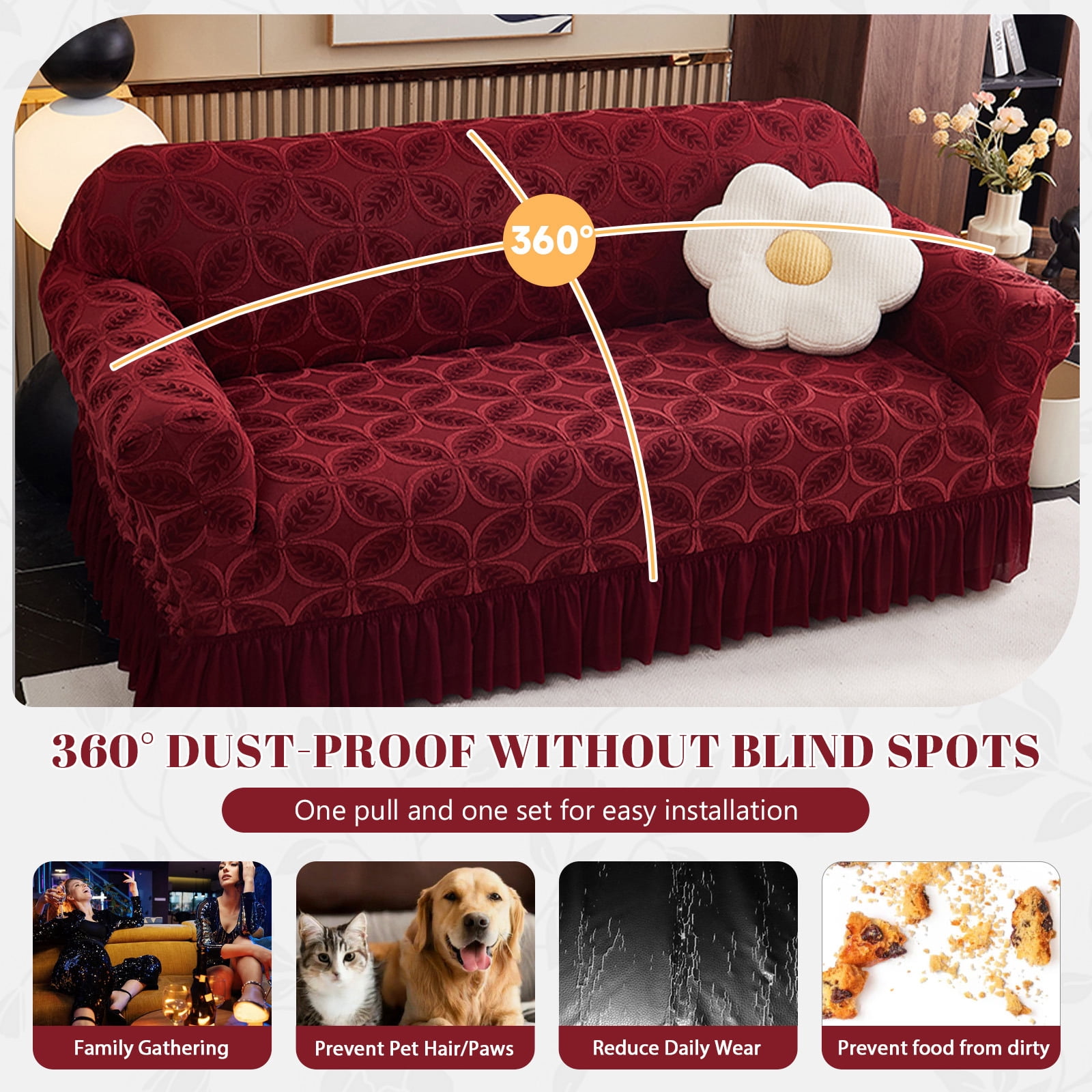 ANMINY Stretch Sofa Slipcover Cushion Couch Cover with Skirt Pet Friendly Durable Washable Stretchable 3-Seater 4-Seater (92"-118")