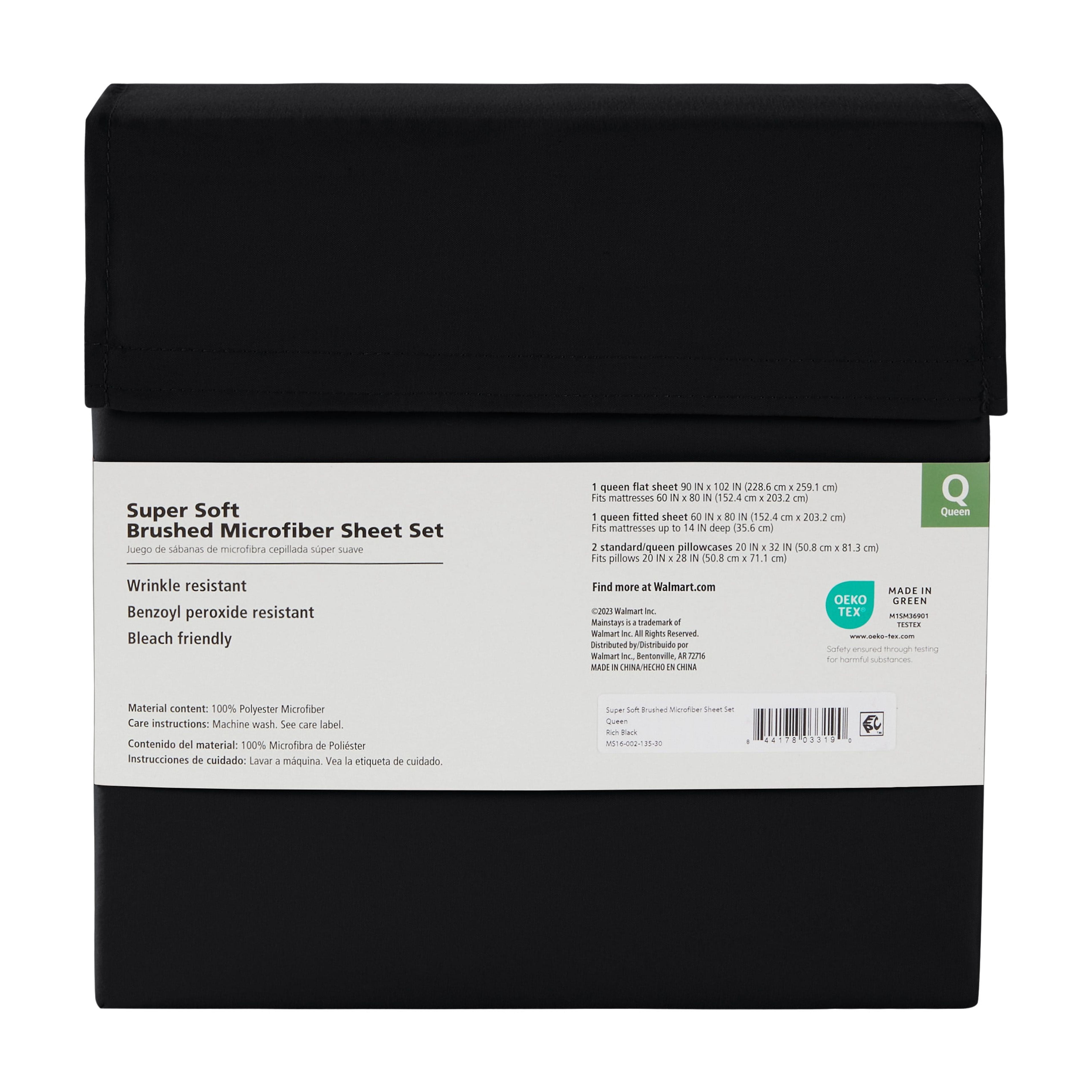 Mainstays Brushed Microfiber Bed Sheet Set, Full, Rich Black, 4 Piece