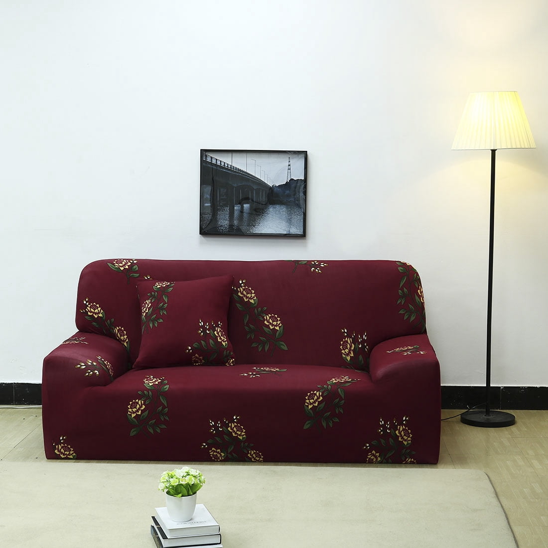 Unique Bargains 1-Piece Contemporary Floral Stretch Sofa Couch Cover, Red