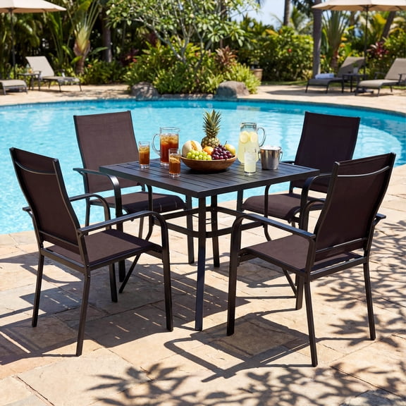 Costway 5 PCS Patio Furniture Dining Set, Outdoor Square Table & Stackable Chairs with Umbrella Hole Black and Coffee