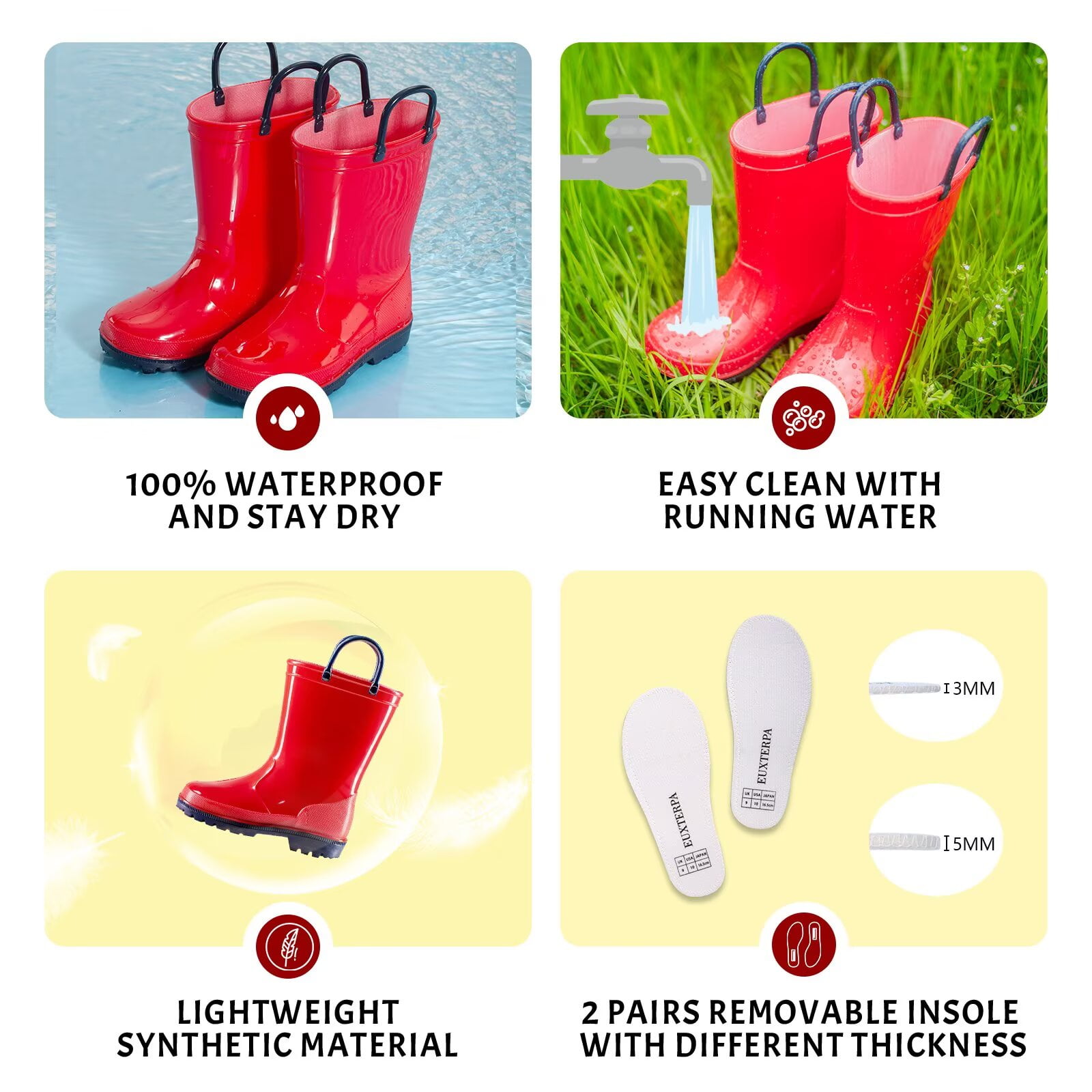 EUXTERPA Toddler Kids Waterproof Rain Boots Boys Girls Red Boots with Handles Big Kid Size 1