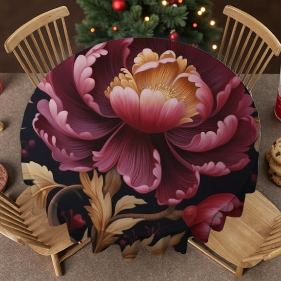 RKSupls Round Tablecloth - Gold Peony Dark Background Print, Holiday-Themed Design Machine-Made Stain Resistant & Washable Decor, Wedding, Party, Home Dining