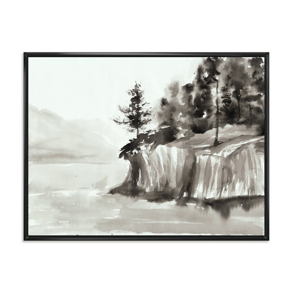 Designart 'Black & White Cliffs By The Lake' Nautical & Coastal Framed Canvas Wall Art Print