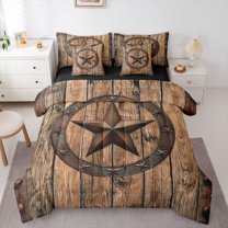 Homewish Rustic Texas Stars Bedding Comforter Set 7 Pieces for Adult, Farmhouse Cabin Full Bedding Set, Old Barn Door Reversible Fitted Sheet Flat Sheet, Luxury Bedroom Decor