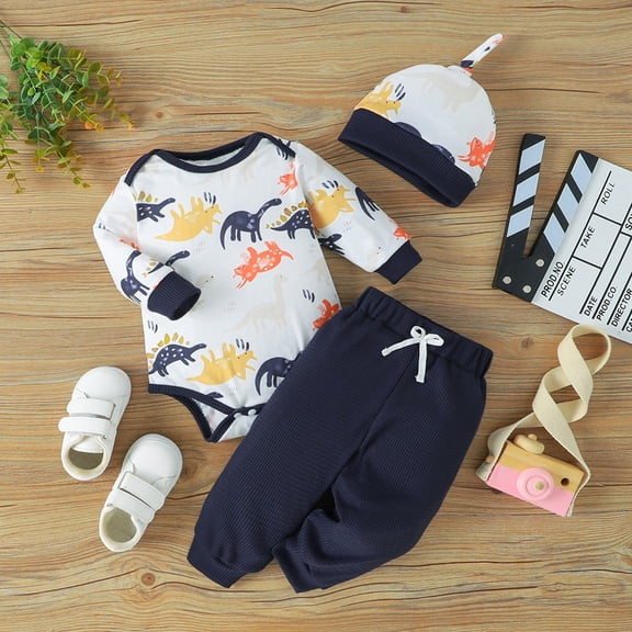 Baby Boy Clothes Dinosaur Print Long Sleeve Bodysuit Pants Hat 3 Pcs Outfits Set Blue 0 Months-3 Months