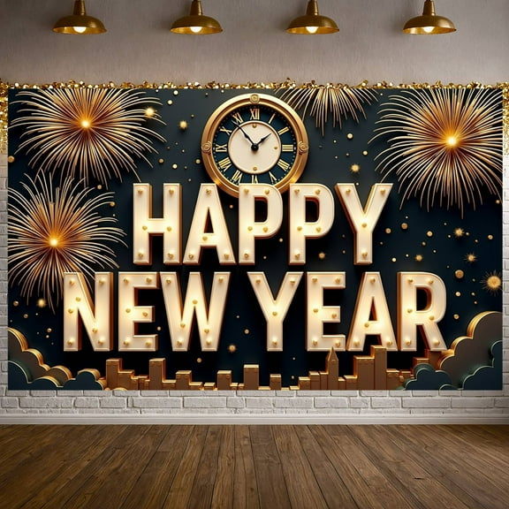 Golden Fireworks Happy New Year Banner Clock Design New Year Display City Lighted Letters Holiday Backdrop for New Year Party Eve Celebration Indoor Decoration