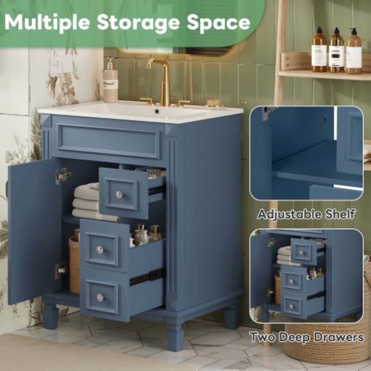 24" Bathroom Vanity with Sink, Modern French Style Bathroom Cabinet with Ceramic Sink, Small Bathroom Storage Cabinet with 2 Drawers, Adjustable Shelf, Blue