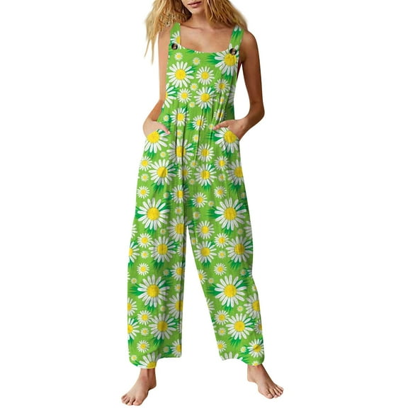 Xyxonk Green Jumpsuits for Women Plus Size Floral Printed Jumpsuits Trendy Sleeveless Cotton Rompers Comfy Jumpers with Pockets Green XL