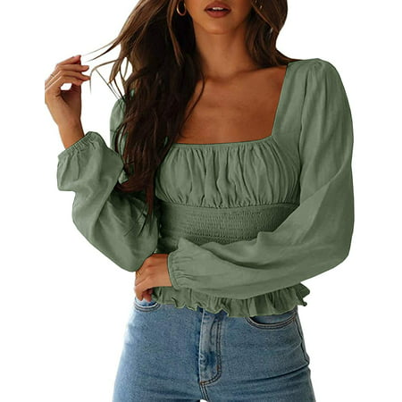 Women's Sexy Frill Smock Crop Top Retro Square Neck Long Sleeve Shirred ...