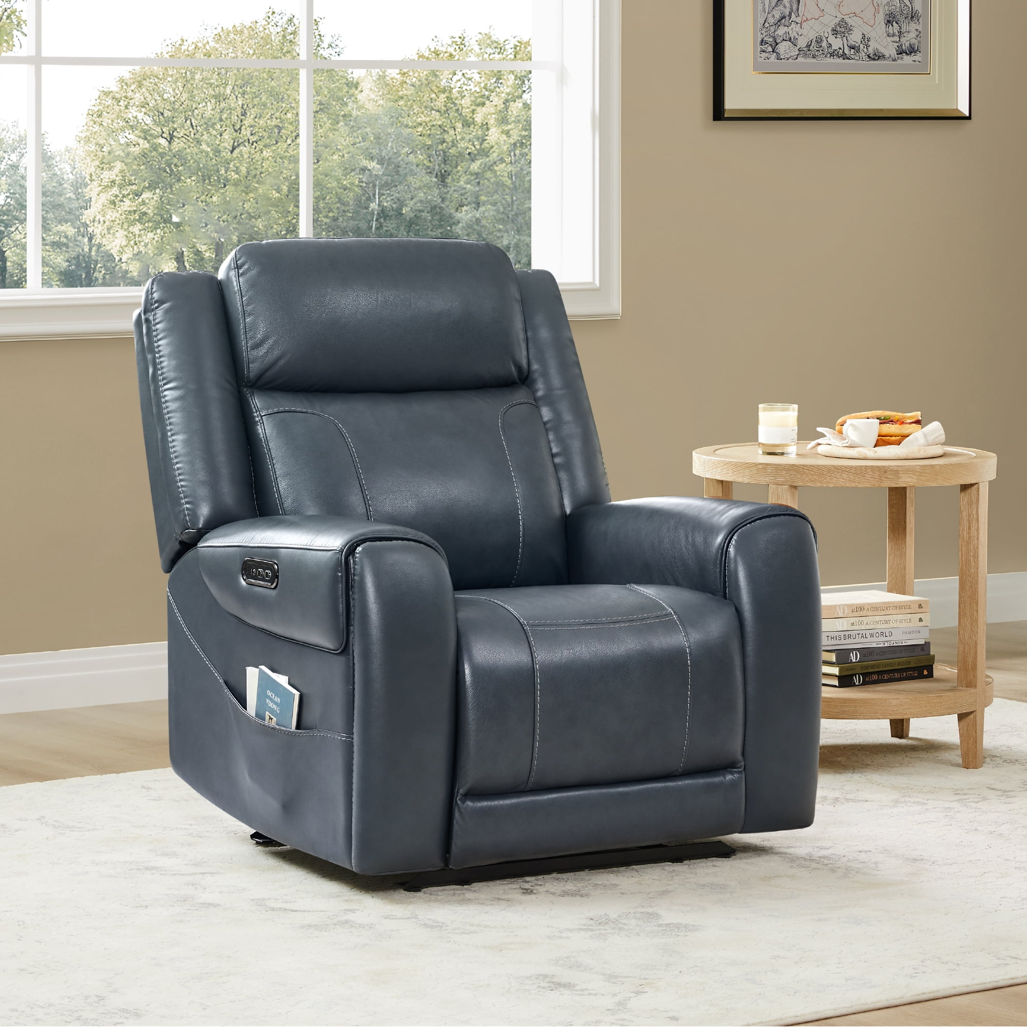Spruce & Spring Wall Hugger Genuine Leather Power Recliner with Headrest, Navy