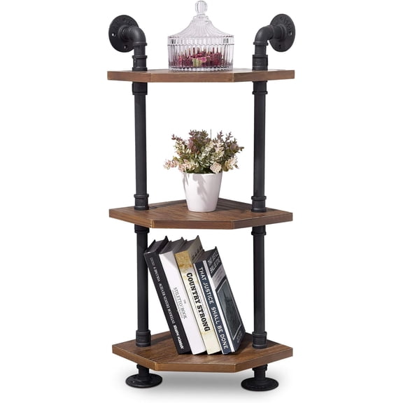 ivinta Industrial Wall Mount Pipe Shelves, 3-Tier Corner Shelf with Solid Wood, Corner Bookshelf Display Stand,Metal Standing Bookcase (3-Tier)