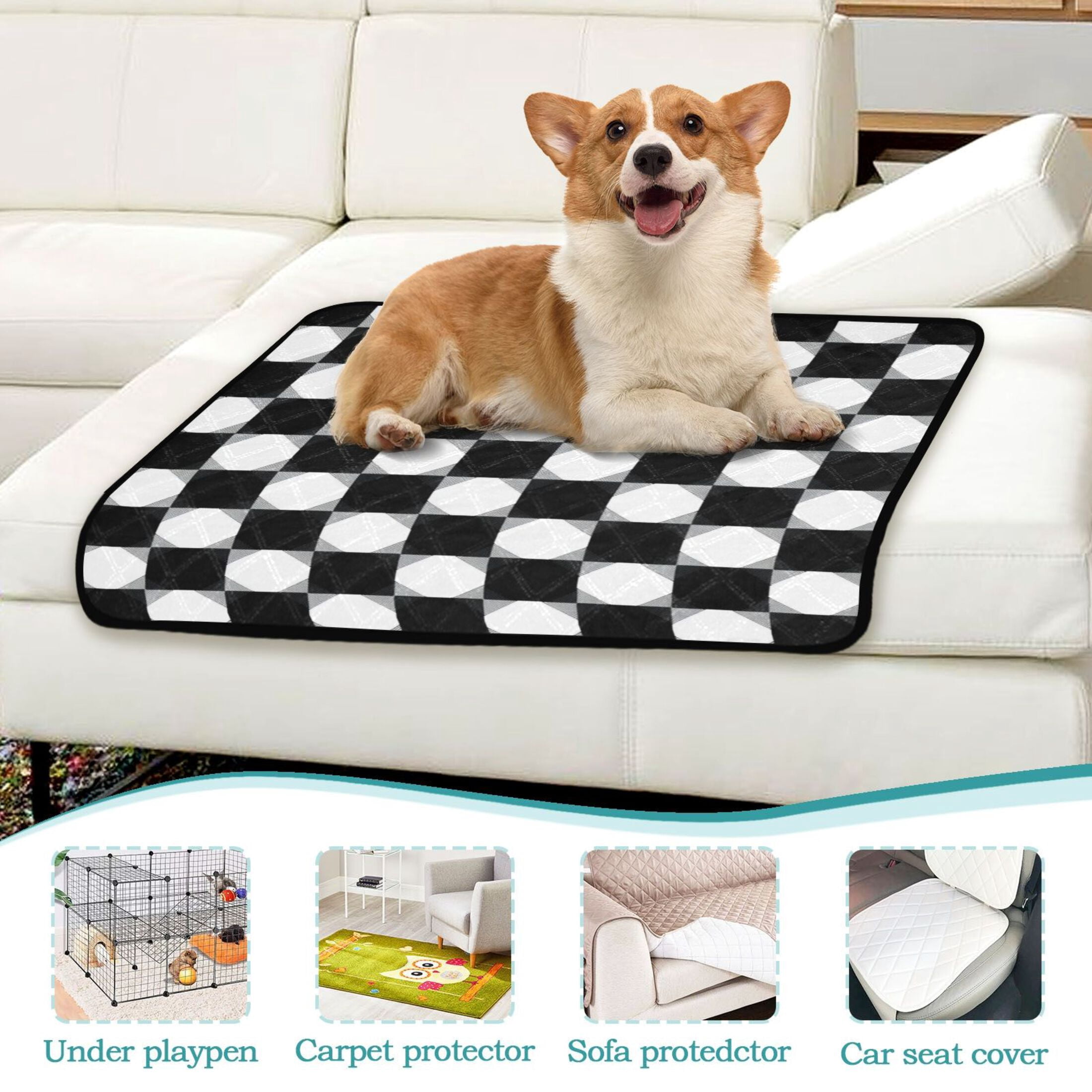 Washable Pet Pee Pads with Super Absorbent Reusable Training Pads for Dogs & Cats Black and White Gingham Pattern