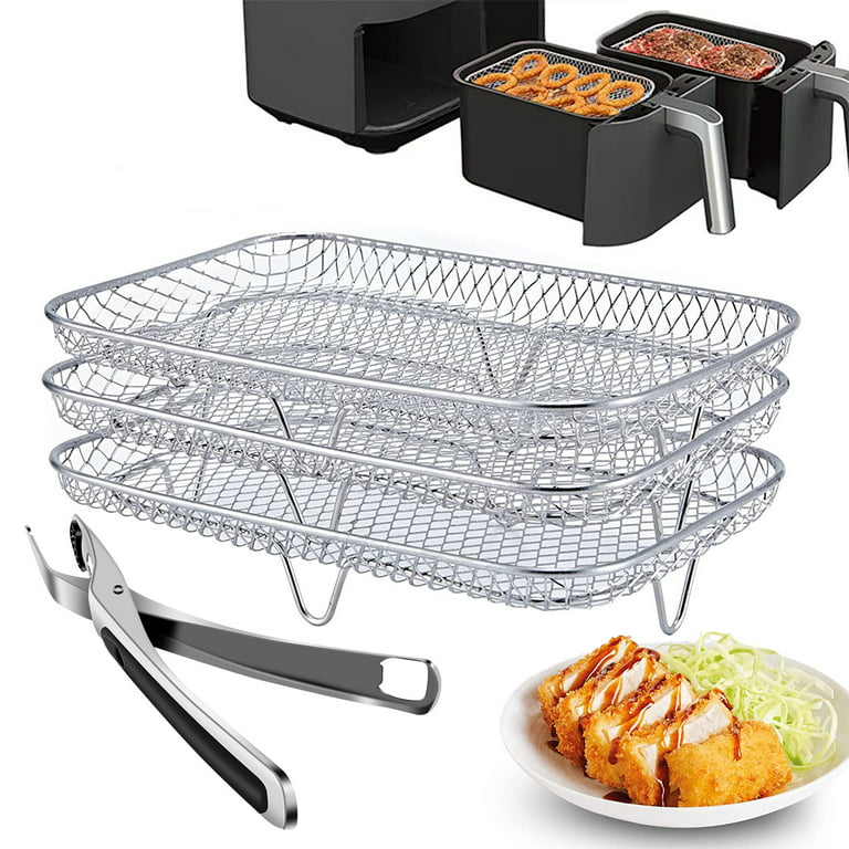 Air Fryer Rack for Ninja Dual Air Fryer Kannino 3pcs Layered Dehydrator  Racks Stainless Steel Grilling Rack Rectangle Air Fryer Basket Tray with  Clip