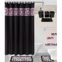 Luxury Bathroom accessories set package includes : 2 rugs mat non slip, 1 shower curtain with 12 hooks and 4 piece ceramic accesories print design merlin black