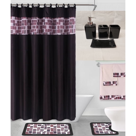 Luxury Bathroom accessories set package includes : 2 rugs mat non slip, 1 shower curtain with 12 hooks and 4 piece ceramic accesories print design merlin black