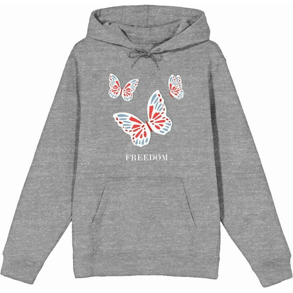 Freedom Three Butterflies Adult Heather Gray Long Sleeve Hoodie-Small