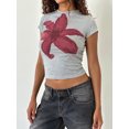 thumbnail image 4 of Musuos Women Summer T-shirt, Crew Neck Short Sleeve Flower Print Slim Fit Crop Tops for Casual Daily, 4 of 8