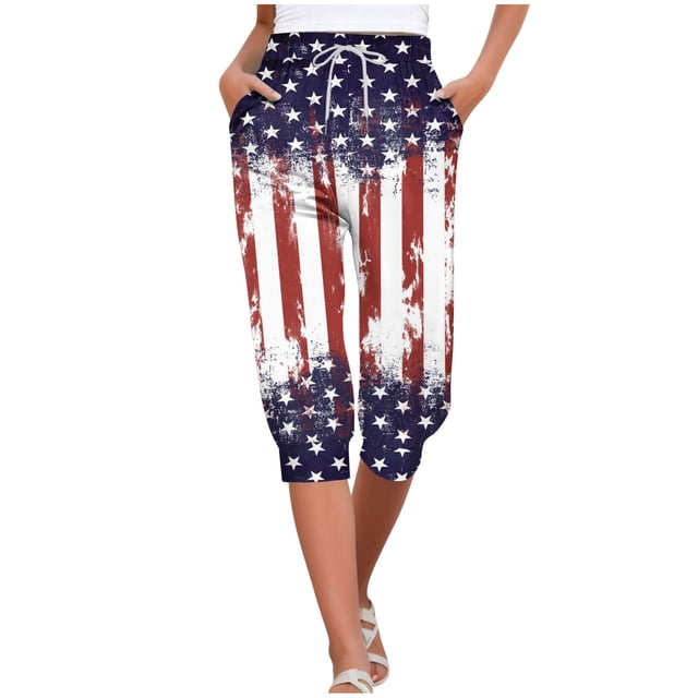 Pantalones Capri Casual Elastic Tie Waist Loose Long Independence Day Pantalones de Mujer con Bolsillos