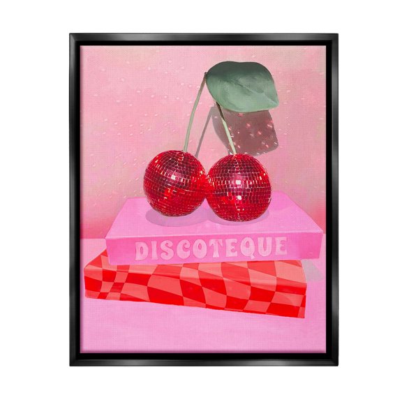 Stupell Industries Cherries on Book Stack Literature & Flim Painting Black Floater Framed Canvas Art Print Wall Art, 17 x 21