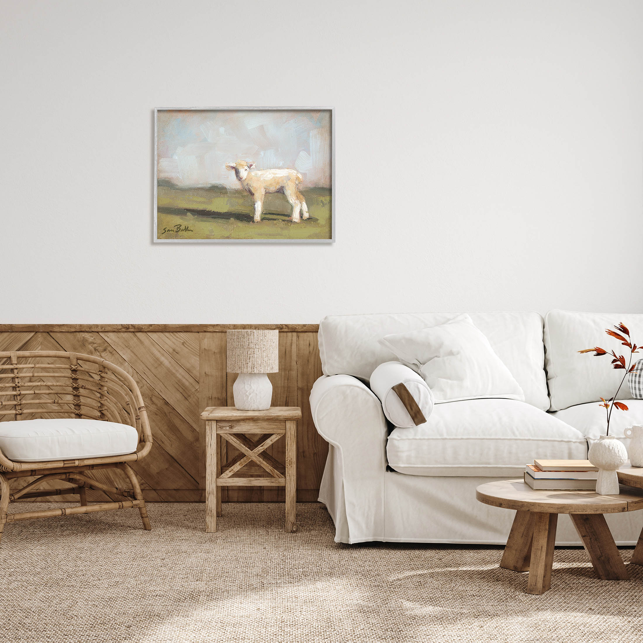 Baby Lamb Farmland Animal Animals & Insects Painting Gray Framed Art Print Wall Art