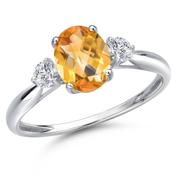 Gem Stone King 10K White Gold Yellow Citrine and Lab Grown Diamond 3-Stone Ring for Women | 1.47 Cttw | Oval Checkerboard 8X6MM | Gemstone November Birthstone | Size 7