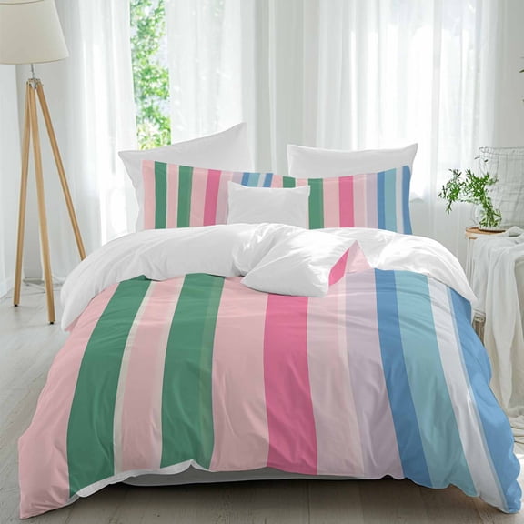 3 Piece Pink Green Blue Stripe Duvet Cover Set Queen Size,Microfiber Comforter/Quilt Cover with Corner Ties and 2 Pillowcases,Farmhouse Stripes Contemporary All Season Bedding with Zipper Closure
