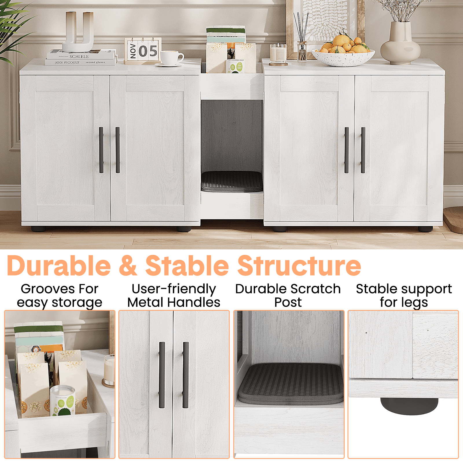 3-in-1Cat Litter Box Enclosure, 55 Inch Large Cat Box Enclosure with Double Rooms, Farmhouse Wooden Cat Washroom, Hidden Litter Box Furniture for Bedroom Living Room