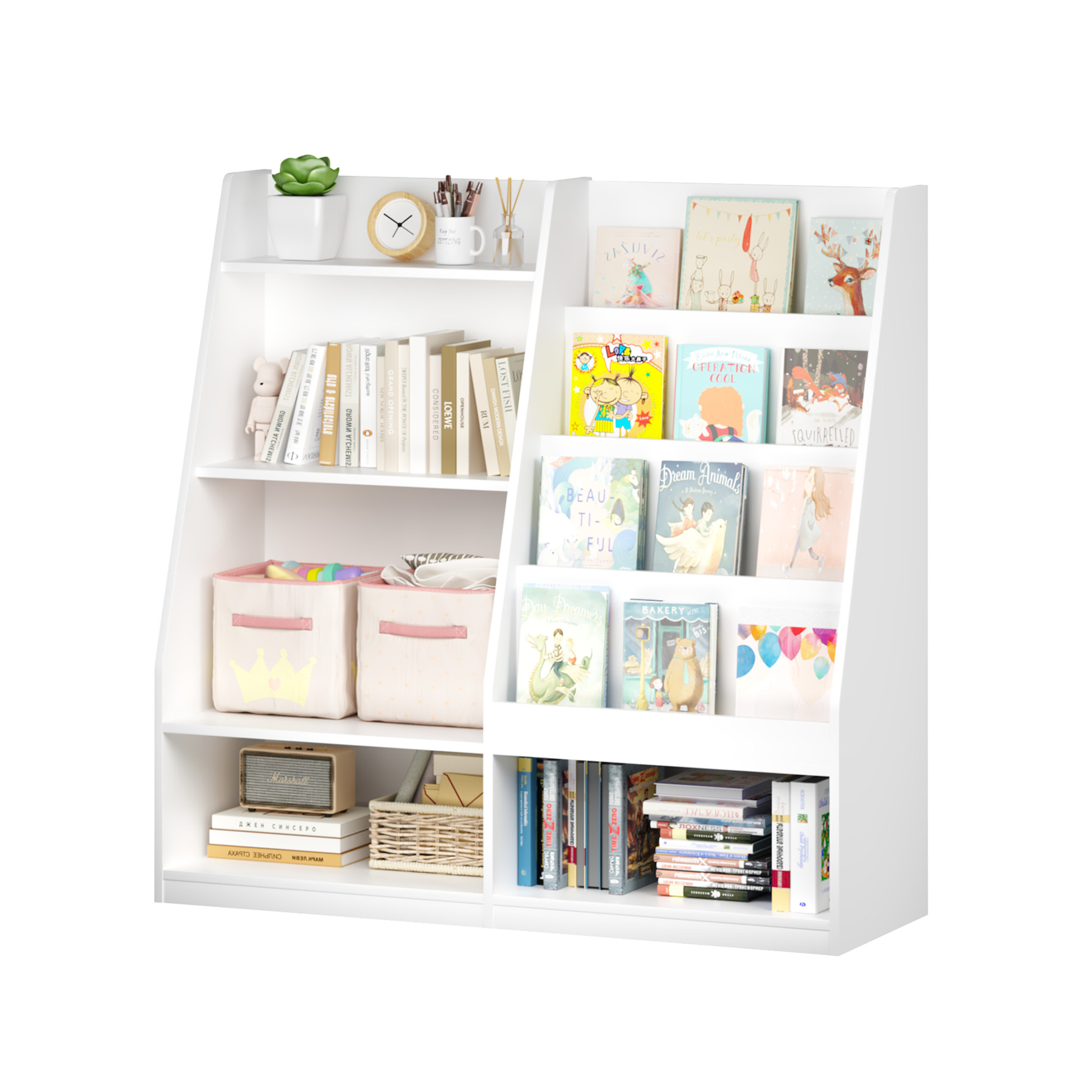 Noble House Aldo 4-Tier Kids Wooden Bookshelf & Toy Storage Organizer, Bookcase Display Stand in Kids Room, White