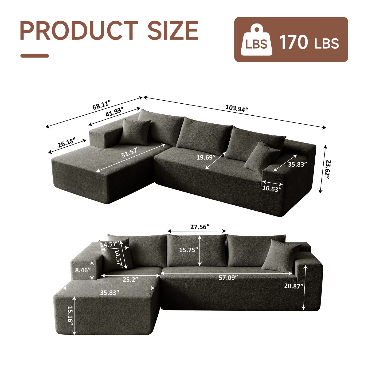 Vinform 103.54 Inch Velvet Sectional Sofa, Modern L-Shaped Modular Sofa with High-Density Foam (Includes Chaise Lounge and Throw Pillows) Upholstered Cloud Sofa for Living Rooms(Dark Gray/Right Side)