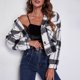 thumbnail image 4 of Chaqueta Corta Abrigo Puff Manga Larga Bolsillo A Cuadros Tops Casuales De Moda para Mujer Cuadros Blanco Y Negro M, 4 of 13